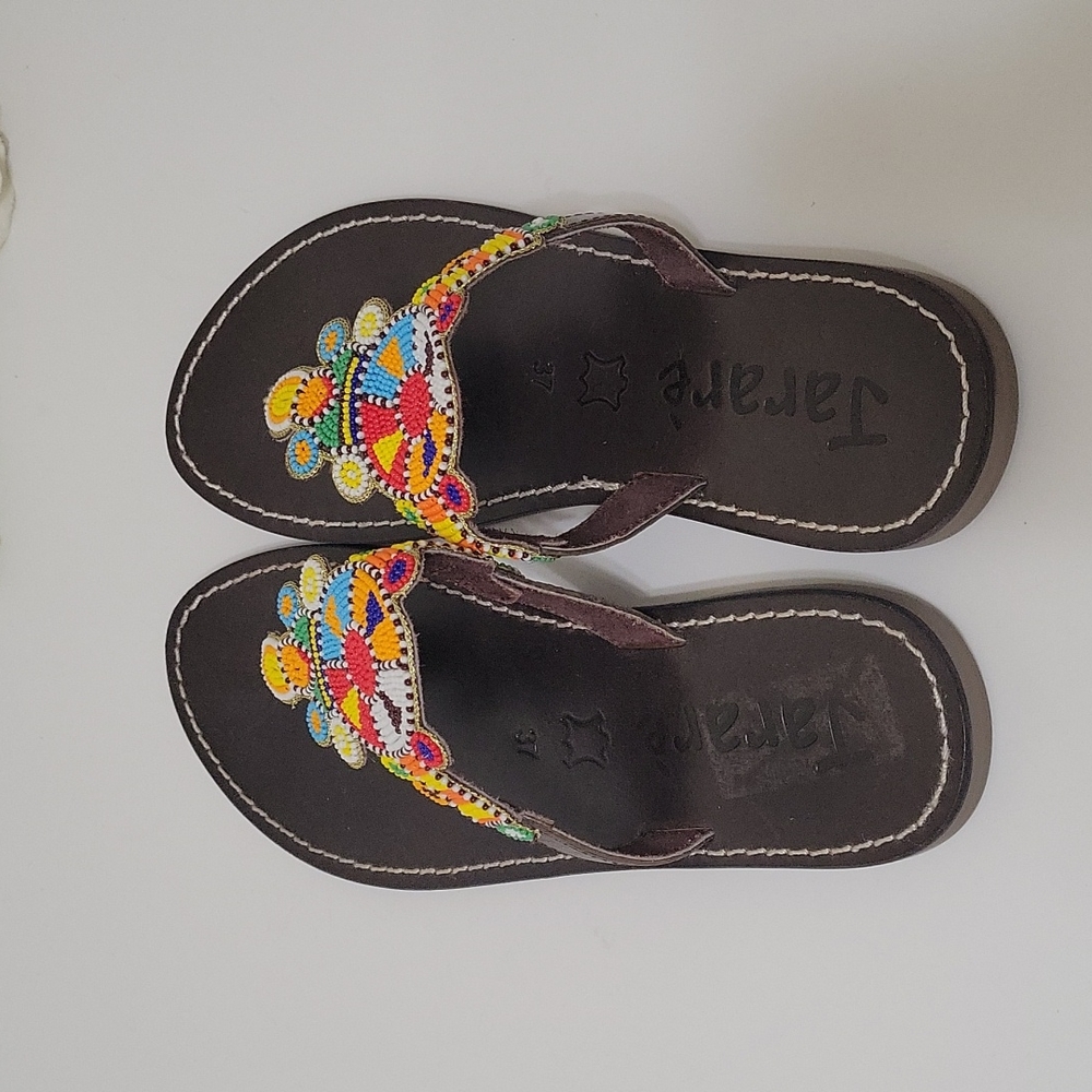 Jararè leather Malindi slip-on thong sandals with multicolor beads size 37 (6.5) - Picture 5 of 10